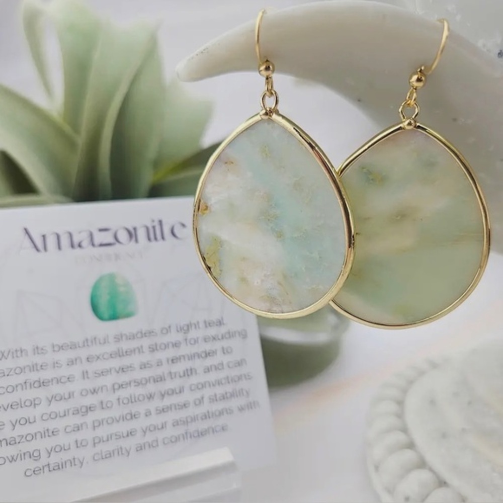 Lightweight Natural Amazonite Gemstone Teardrop Dangle Earrings